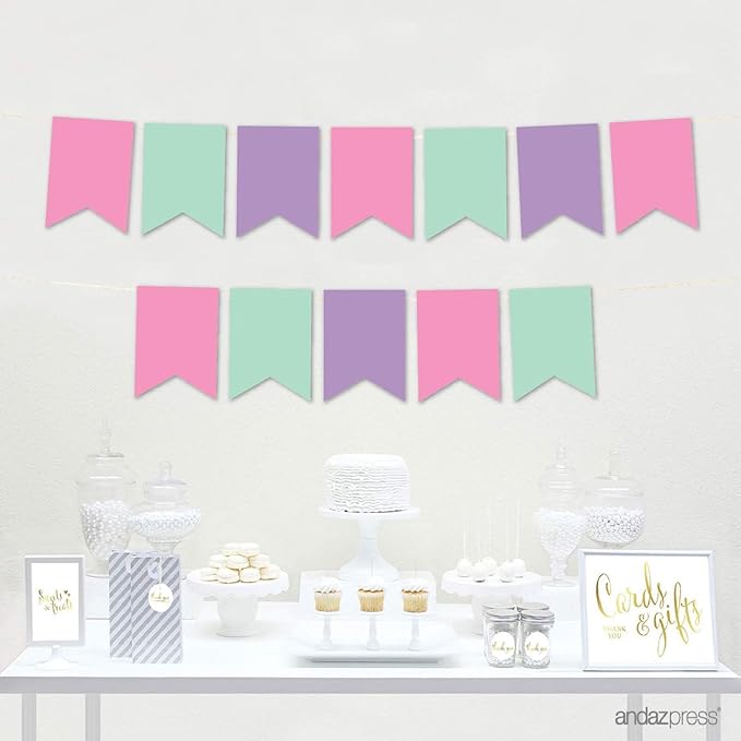 Andaz Press Hanging Pennant Banner with String, Pink, Mint Green, Lavender, 1-Set, 24 Pennants, Approx. 12-Feet Long, Unicorn Theme Colored Supplies