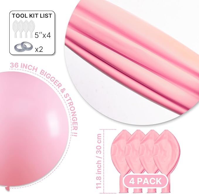 PartyWoo Baby Pink Balloons 4pcs 36 Inch Pastel Pale Light Pink Latex Helium Balloons for Baby Shower Gender Reveal Easter Bachelorette Wedding Bridal Shower Birthday Party Decorations Pink-Q05