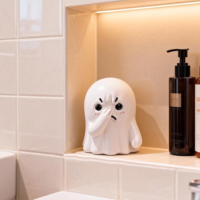 Holding Nose Small Ghost Figurine - Cute Ghost Decor Bathroom Statue, Halloween Decorations Indoor for Desk Porch Mantel Bathroom Shelf Spooky Home Decor, Funny Goth Gifts(Resin)