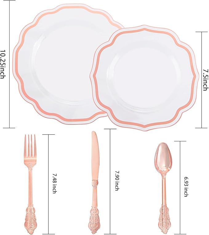NOCCUR 150PCS Rose Gold Plastic Plates&Rose Gold Silverware-Include 30Dinner Plates, 30Salad plates, 90 Disposable Rose Gold Utensils- Ideal for Weddings/Party/Easter Day