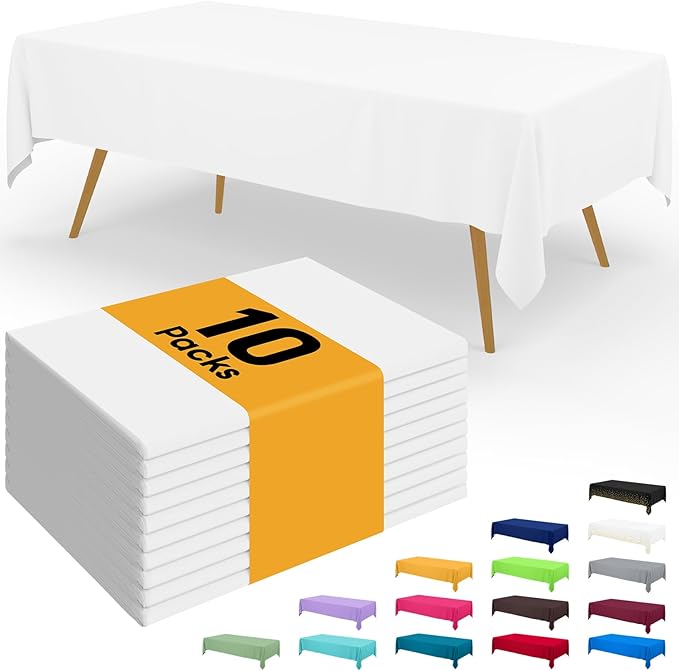 Smiry Disposable Table Cloth - 10 Pack, 54 x 108 Inch Waterproof Rectangle Tablecloths for Parties, Decorative Plastic Table Cover, Leakproof & Sturdy, White