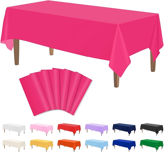 Kopokita 6PCS Hot Pink Plastic Tablecloths 54 x 108 Inch, Disposable Table Cloths Rectangle Party Table Covers