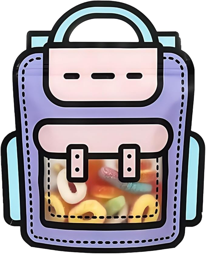 PABCK 20 Pack Plastic Gift Bags Cartoon Goodie Bags 7.09x8.27 inch Backpack-shaped Candy Snack Packaging Bag with Handle Resealable Treats Birthday Party Favor Stand Up (10 Purple and 10 Orange)
