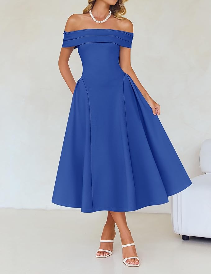 ZESICA Summer 2026 Cocktail Dresses for Women's Off Shoulder Short Sleeve Swing A Line Wedding Evening Party Midi Dress