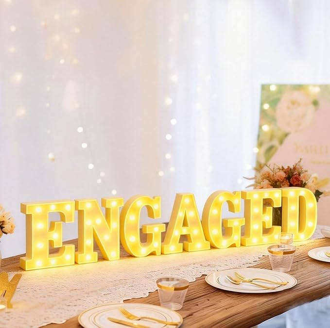 8.6 Inch Engaged LED Letter Lights - 7 Pcs Battery Powered Marquee Letters Sign, Warm Yellow Glow for Wedding Engagement Bridal Shower Proposal Party Table Wall Decor