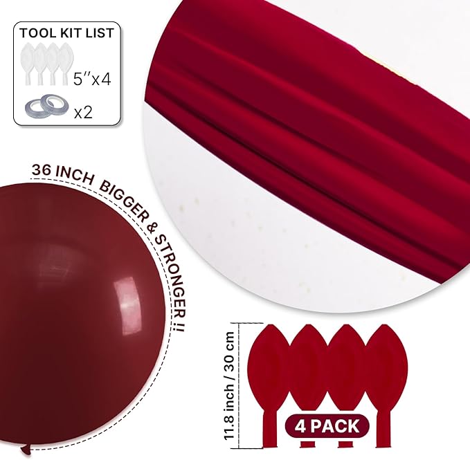 PartyWoo Burgundy Balloons 4pcs 36 Inch Dark Red Maroon Ruby Red Latex Helium Balloons for Graduation Valentine's Day Wedding Anniversary Casino Citizenship Christmas Party Decorations Red-Y75
