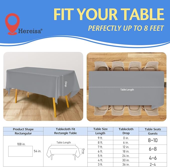 8-Count Silver Disposable Plastic Tablecloths Rectangle 54x108 Inch - Extra Long Waterproof Banquet Table Covers for Parties & Catering