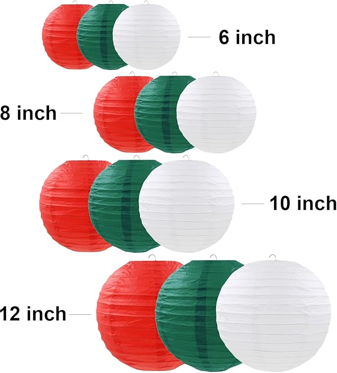 12 Pcs Christmas Paper Lanterns Red Green White Hanging Paper Lanterns for Christmas Graduation Anniversary Wedding Birthday Party Decoration Supplies