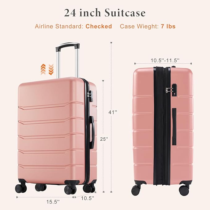 Sweetcrispy Carry on Suitcase, Luggage with Spinner Wheels, Hard Shell ABS, TSA Lock, 24 Inch Pink