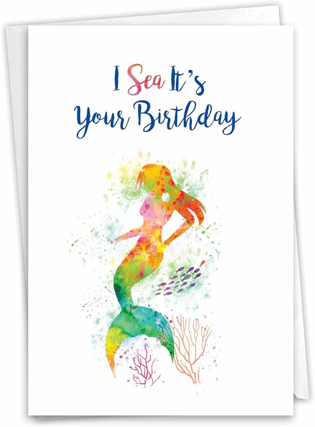 The Best Card Company - 1 Fun Birthday Greeting Card - Mythical Bday Notecard with Envelope - Funky Rainbow Mermaids C6863GBDG