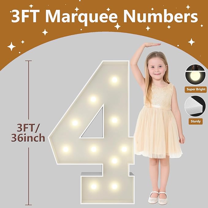 3FT Marquee Light Up Numbers, Giant Marquee Numbers, Pre-Cut DIY Foam Board Number 4 for 4th 40th Birthday Decorations, 40th Anniversary Party Decor