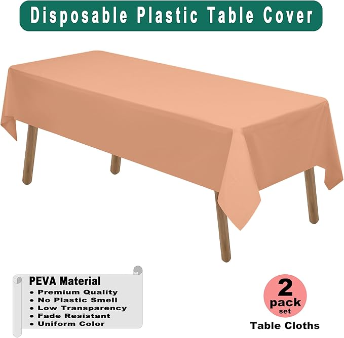 PARTY ULYJA Peach Plastic Tablecloths 2 Pack Rose Gold Disposable Table Covers 54 x 108 Inch Bridal Shower PEVA Table Cloths for Picnic Birthday Wedding Banquet Parties 8 ft Rectangle Table Use