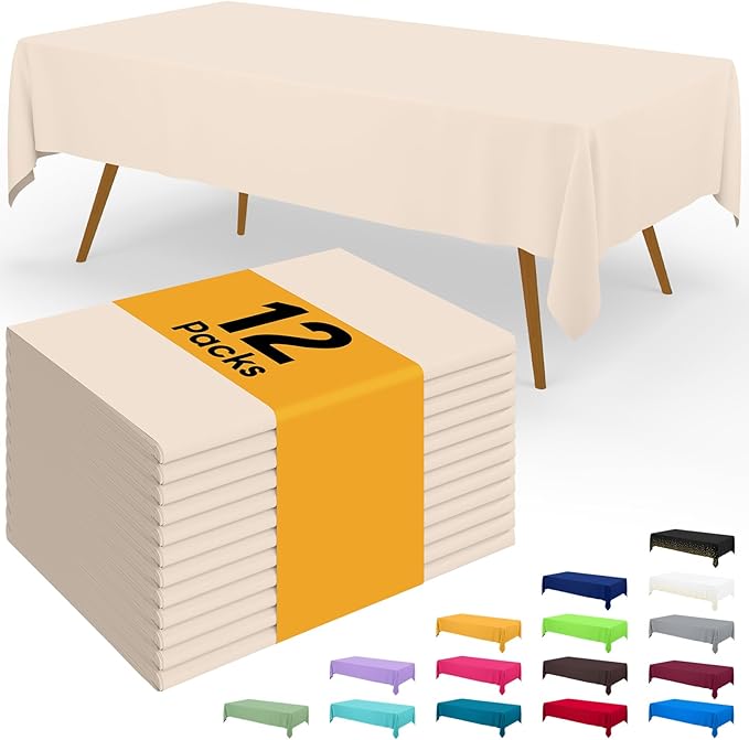 Smiry Disposable Table Cloth - 12 Pack, 54 x 108 Inch Waterproof Rectangle Tablecloths for Parties, Decorative Plastic Table Cover, Leakproof & Sturdy, Ivory
