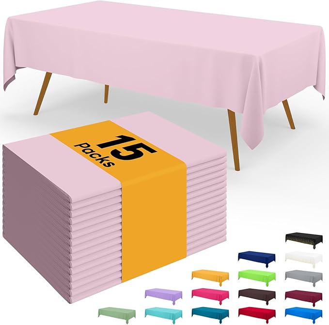 Smiry Disposable Table Cloth - 15 Pack, 54 x 108 Inch Waterproof Rectangle Tablecloths for Parties, Decorative Plastic Table Cover, Leakproof & Sturdy, Pink