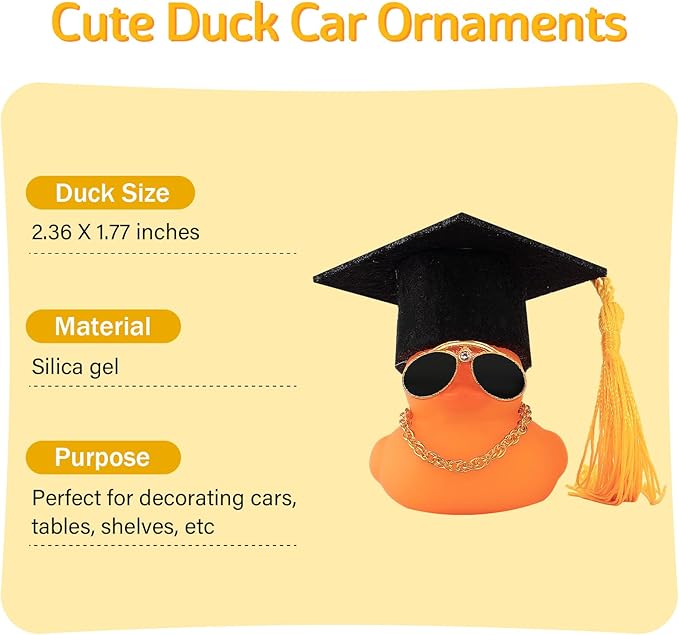 wonuu Car Dashboard Decor Graduation Hat Color Rubber Duck, Car Ducks Ornaments with Mini Graduation Hat Necklace Sunglasses (Orange)