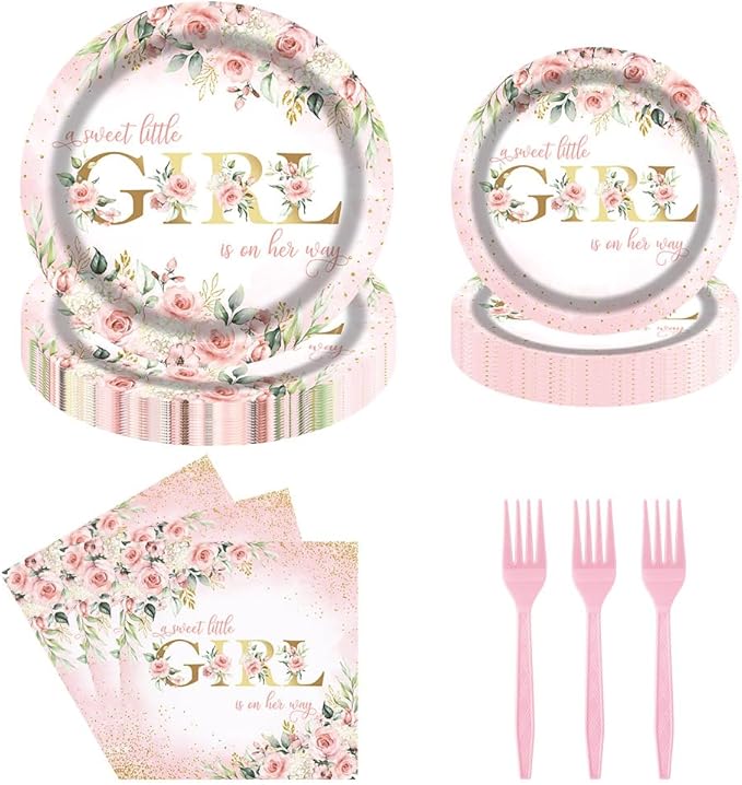Girl Baby Shower Party Tableware Set 96 Pcs Pink Floral Sweet Baby Disposable Plates Napkins Forks A Sweet Little Girl is on Her Way Party Supplies for Girls Serve 24 Guests