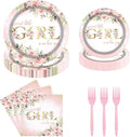 Girl Baby Shower Party Tableware Set 96 Pcs Pink Floral Sweet Baby Disposable Plates Napkins Forks A Sweet Little Girl is on Her Way Party Supplies for Girls Serve 24 Guests