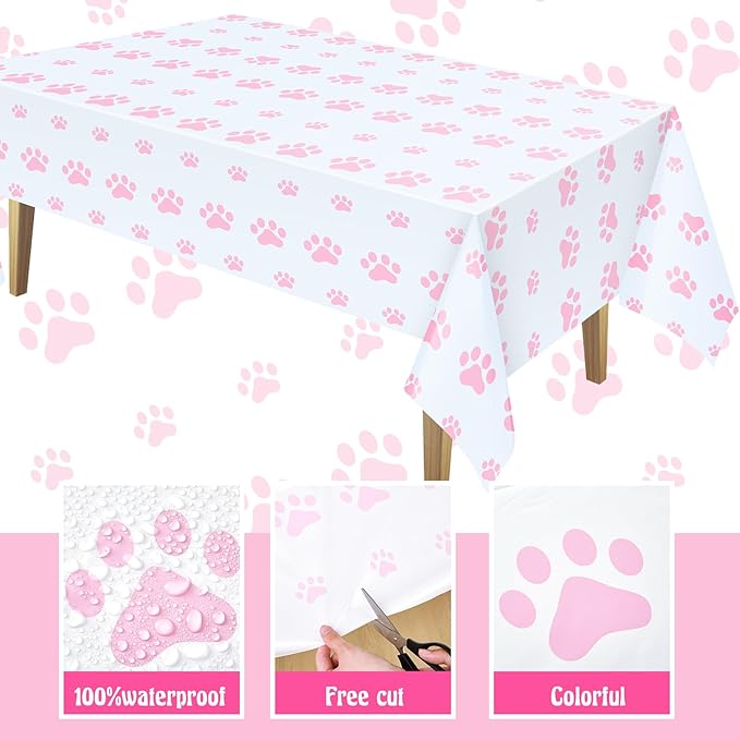 Tatuo 2 Pcs Puppy Paw Print Plastic Tablecloth Disposable Table Cover Puppy Themed Birthday Party Decorations for Dog Party Supplies (Pink,71 x 54 Inch)