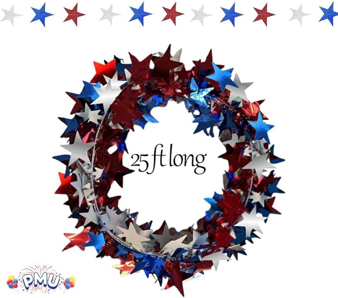 PMU 25 Ft Patriotic Star Garlands with Wire, Shiny Metallic Garland for 4th of July, National Day, Independence Day, Red, White and Blue