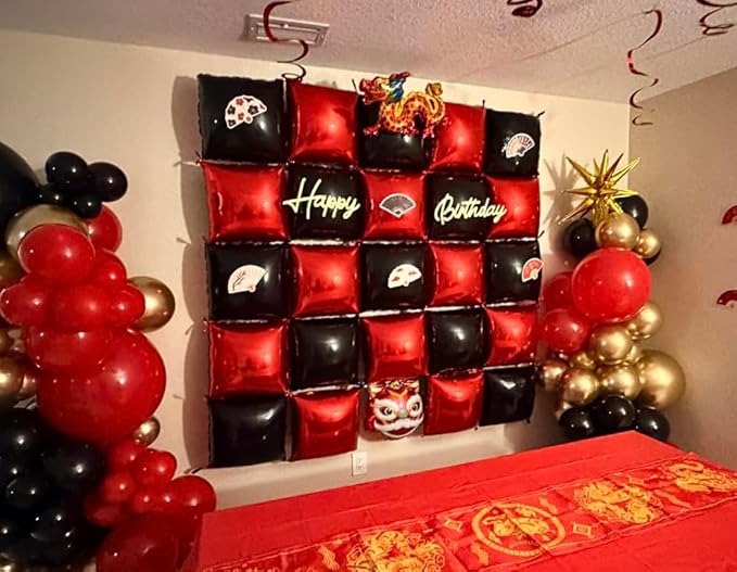 Black Red Square Foil Balloon Wall,25Pcs Double Sided Foil Balloons Backdrop Helium Tunnel Arch Garland Kit for Birthday New Year Eve Graduations Bridal Anniversary Party Decorations