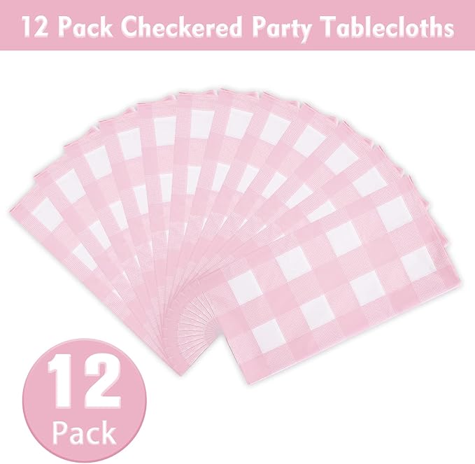 Kesfey 12 Packs Pink Gingham Tablecloth 54 x 108 Inches Pink and White Checkered Table Cloths Party Picnic Disposable Table Covers Splashproof Plastic Checkered Gingham Tablecover for Dinners Party