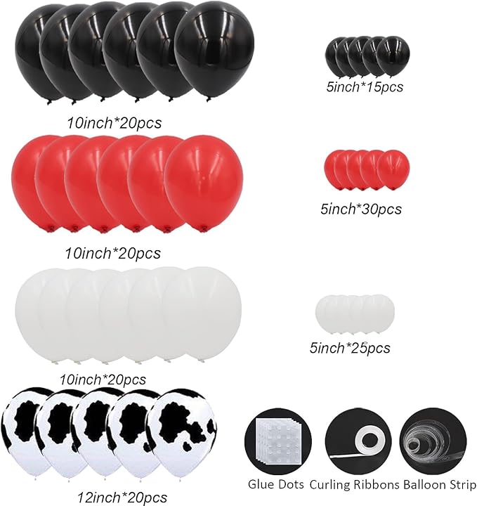 Cowboy Balloons Arch Kit- 150pcs Red Black White and Cow Print Balloons for Rodeo Themed Cowboy Cowgirl's Birthday Party Decorations - Farm Animal Party Supplies