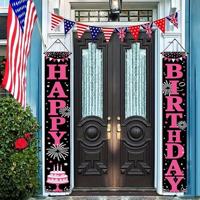 12x71 inch Birthday Party Porch Banner Durable pink and black fireworks cake design, suitable for indoor and outdoor hanging decorations for birthdays, anniversaries, or graduation ceremonies. Made of weather resistant polyester material, it is easy to...