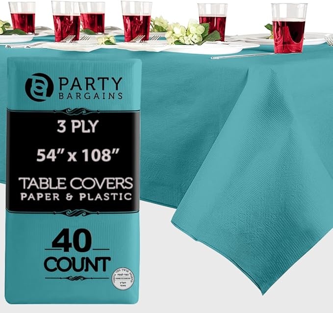 PARTY BARGAINS Disposable Table Covers, 54 x 108 Inch, Turquoise, 3-Ply Paper & Plastic Spill-Resistant Party Tablecloths, 40 Pack