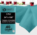 PARTY BARGAINS Disposable Table Covers, 54 x 108 Inch, Turquoise, 3-Ply Paper & Plastic Spill-Resistant Party Tablecloths, 40 Pack