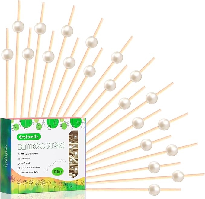 120pcs White Pearl Cocktail Picks Fancy Fruit Sticks Long Decorative Toothpicks Sandwich Food Skewers, 4.7", Disposable, Made of Bamboo, for Appetizer Charcuterie Garnishing Party Supplies