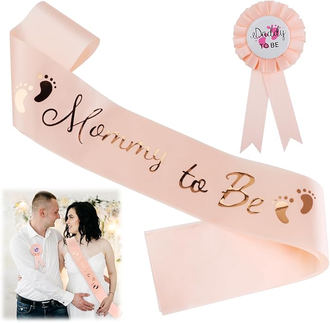 2 Pcs Baby Shower Decorations, Mommy to Be Sash and Daddy to Be Badge Set, It's a Themed Party Supplies for Baby Shower and Gender Reveal Decoracion (Champagne 2 Pcs)