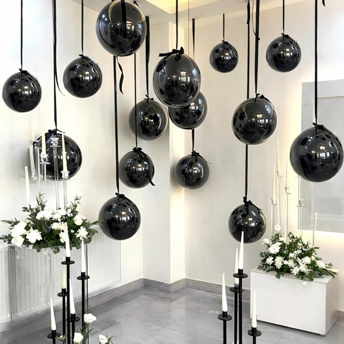Togvu Black Round Foil Balloons, 12PCS Different Sizes 4D Metallic Balloon Large Black Sphere Mirror Ball Balloons for Prom Graduation Halloween Birthday Party Ceiling Decorations Supplies