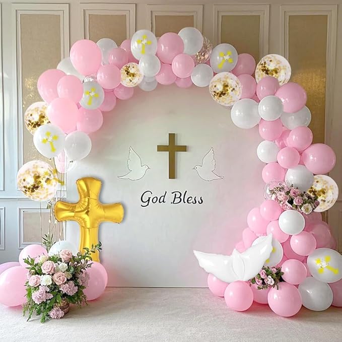 132Pcs First Holy Communion Pink Balloon Garland Arch Kit God Bless Baptism Party Decoration Christian Religious Decor Cross Dove Balloon Girl Mi Bautizo Christening Birthday Baby Shower Party Supplie