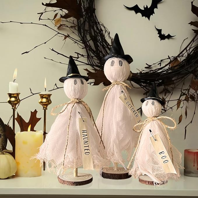 Halloween Decorations Indoor - 3 Set Primitive Halloween Ghosts with Hat, Wooden Stand Ghost Decor for Table Centerpieces, Mantels, Shelves, Vintage Spooky & Festive Party Decor