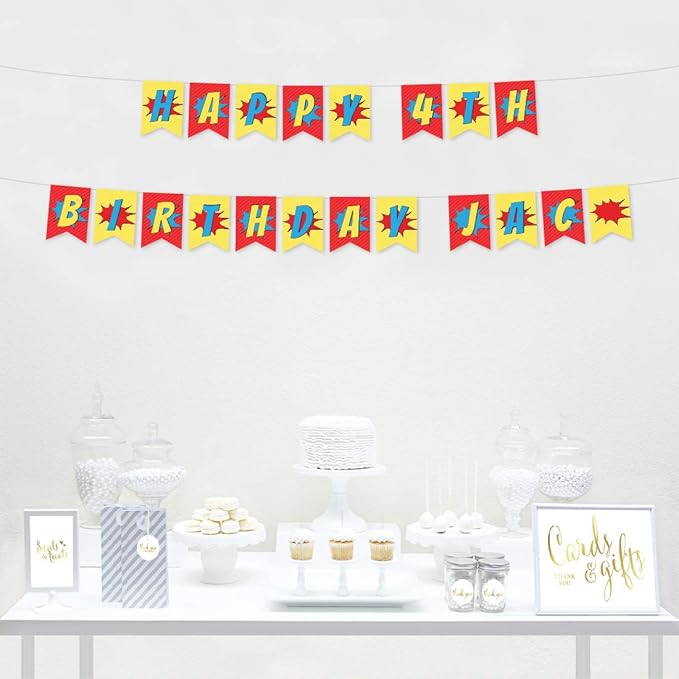 Andaz Press Personalized Hanging Pennant Banner Party Decorations, Superhero Pow Bam Style Theme, Happy 4th Birthday Jack, 1-Pack, Approx. 5-Feet, Custom Name and Number