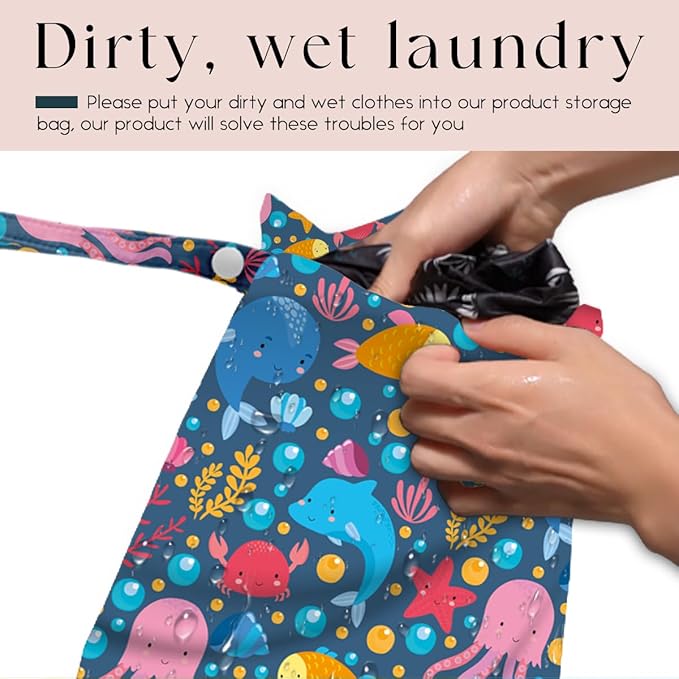 Wet Bag, Wet Dry Bag, Waterproof Swim Bags, Machine Washable Reusable Bags for Beach, Pool, Diapers, and Dirty Yoga Gym Clothes(Cute Ocean Creatures All Over Print