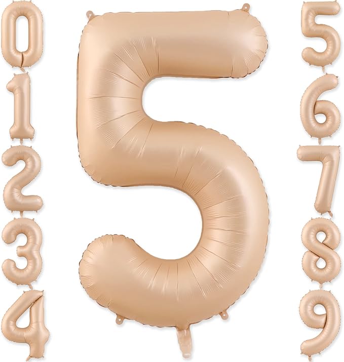 Number 5 Balloon, 5 Balloon, Number Balloons 40 Inch, Beige Large Big Foil Number Balloons for Birthday Party Graduation Wedding Anniversary Baby Shower Bachelorette Decoration Supplies