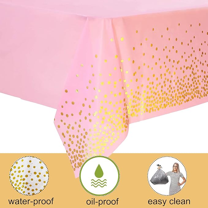 2 Pack Plastic Pink Tablecloth - Disposable Pink & Gold for Rectangle Tables 54" x 108" - Party Decorations for Birthdays, Thanksgiving, Christmas, Valentines, Weddings, Outdoor BBQ & Picnics