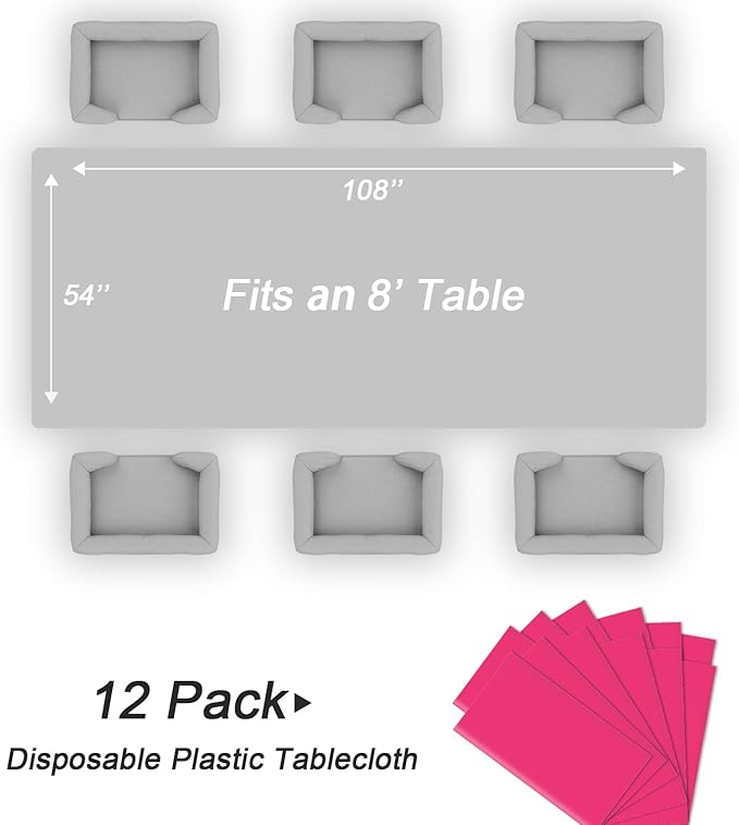 QIKSION Hot Pink Plastic Table Cloth Disposable 12 Pack, 54 x 108 Inch Tablecloths for Birthday Party, Valentines, Mothers Day Decorations, Rectangle Table Cover