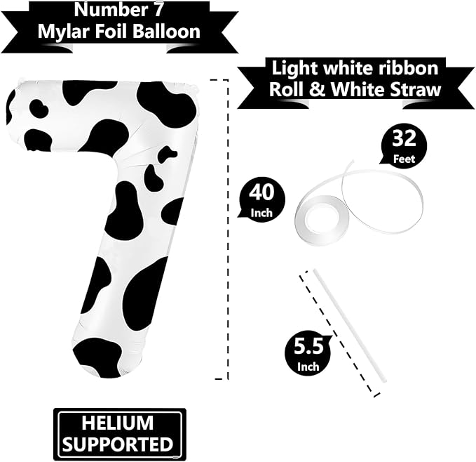40 Inch Cow Print Balloon, Number 7 Balloons for 7th Birthday Decoration, Large Cow Number Balloons for Western Party Decor