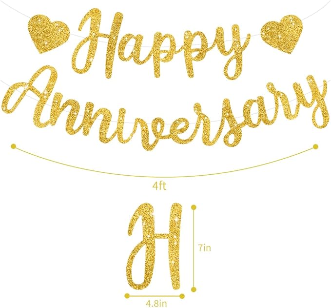 BEISHIDA Gold Happy Anniversary Banner, Pre-Strung - Gold Glitter Happy Anniversary Sign for Wedding Party Decorations