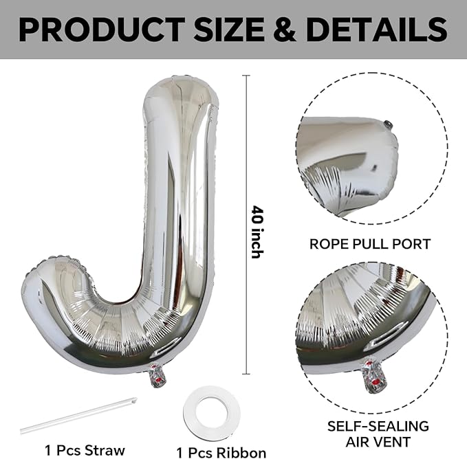 KALOR 40 Inch Silver Letter J Balloons Jumbo Foil Mylar Helium Big Balloons for Birthday Party Anniversary Baby Shower Supplies