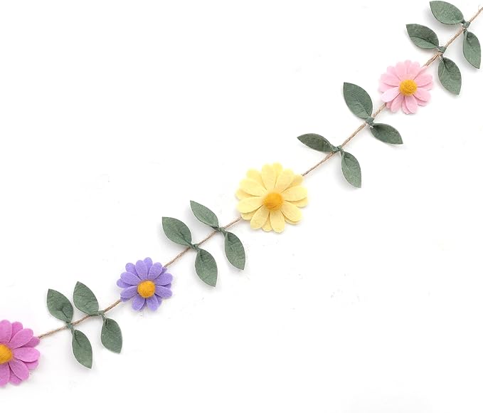 Felt Colorful Daisy Banner - Spring Birthday Wedding Party Decorations,Colorful Flowers Green Leaves Chain Garland,Flower Leaf Party Photo Props,Bohemian Daisy Home Room Hanging Garland