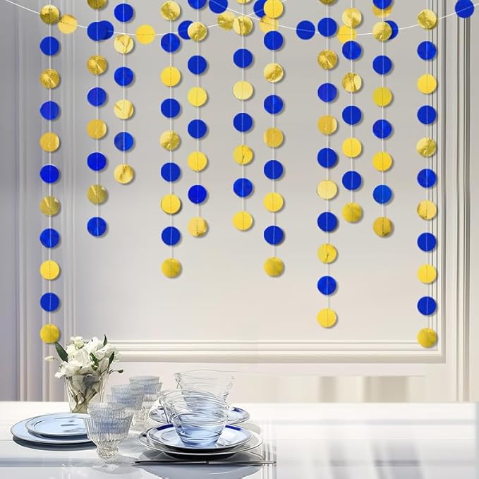 Shining Blue Gold Circle Dots Hanging Garland Sparkling Blue Gold Circle Dots Hanging Streamer Glitter Circle Bunting Banner Circle Dots Backdrop for Wedding Baby Shower Birthday Xmas Decor 40 Feet