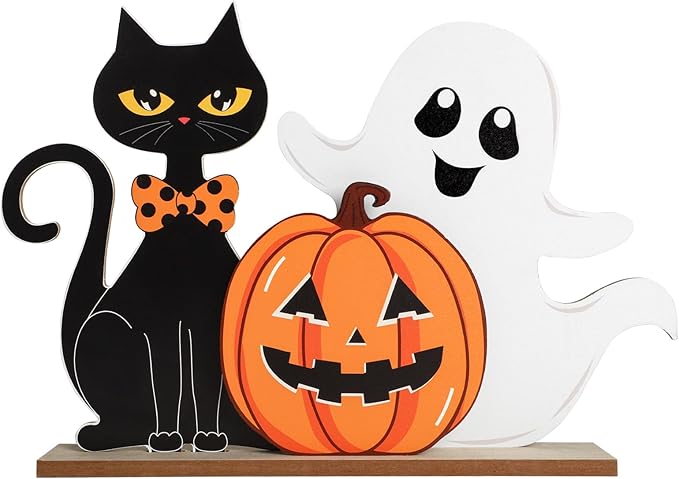 Halloween Decorations Indoor Wooden Black Cat Halloween Decor Ghost Table Sign Pumpkin Table Centerpieces Standing Tabletop Decoration for Holiday Desk Tiered Tray Party Shelf Decorations Farmhouse
