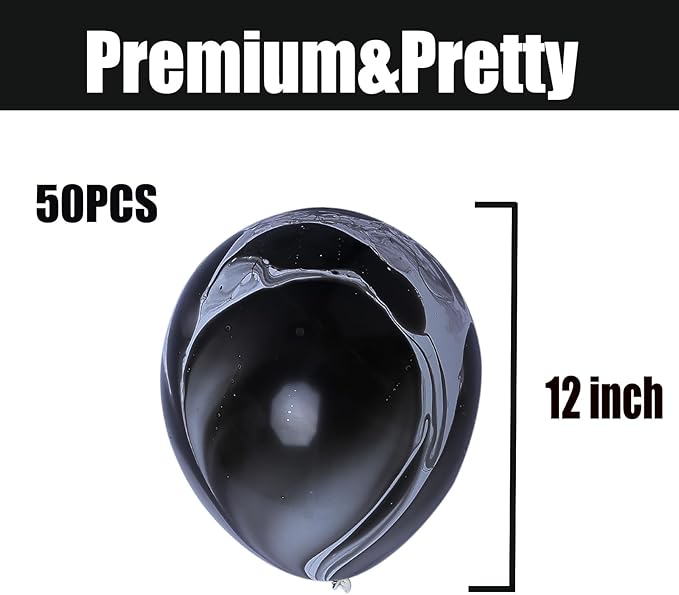Black Marble Balloons 12 Inch Agate Latex Balloons 50PCS Black and White Tie Dye Black Balloons for Birthday Party Christmas Decorations Wedding Halloween Festival Photobooth