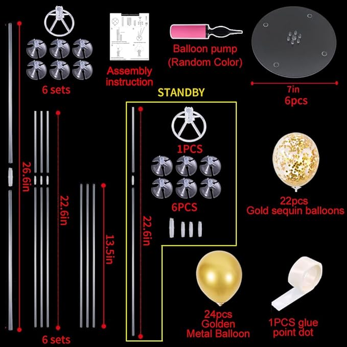 TONIFUL 6 Balloon Centerpieces with Gold Balloon Stand Kit for 2026 Graduation,50th Anniversary Party Decorations,50th 60th 70th Birthday Decorations New Years 2026 Retirement