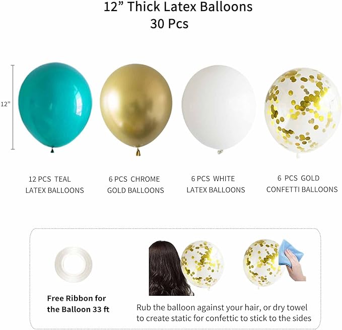 ANSOMO Teal Blue and Gold Happy Birthday Party Decorations Banner Turquoise Aqua Foil Fringe Curtain Tissue Pom Poms Balloons