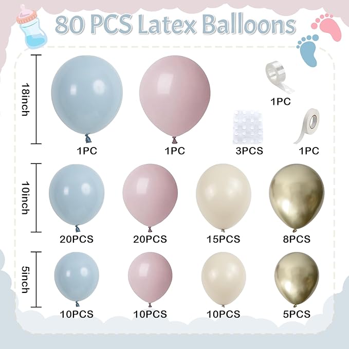 Gender Reveal Balloon Arch Kit, 100 PCS Dusty Pink Blue Balloons, Metallic Gold Sand White Balloons for Boy or Girl Gender Reveal Boho Birthday Wedding Baby Shower Bridal Bear Theme Party Decorations