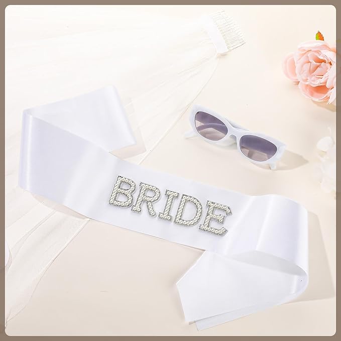 JATEBI 3PCS Bride Sash Veil Sunglasses Set for Bridal Shower Wedding Engagement Bachelorette Party Favors